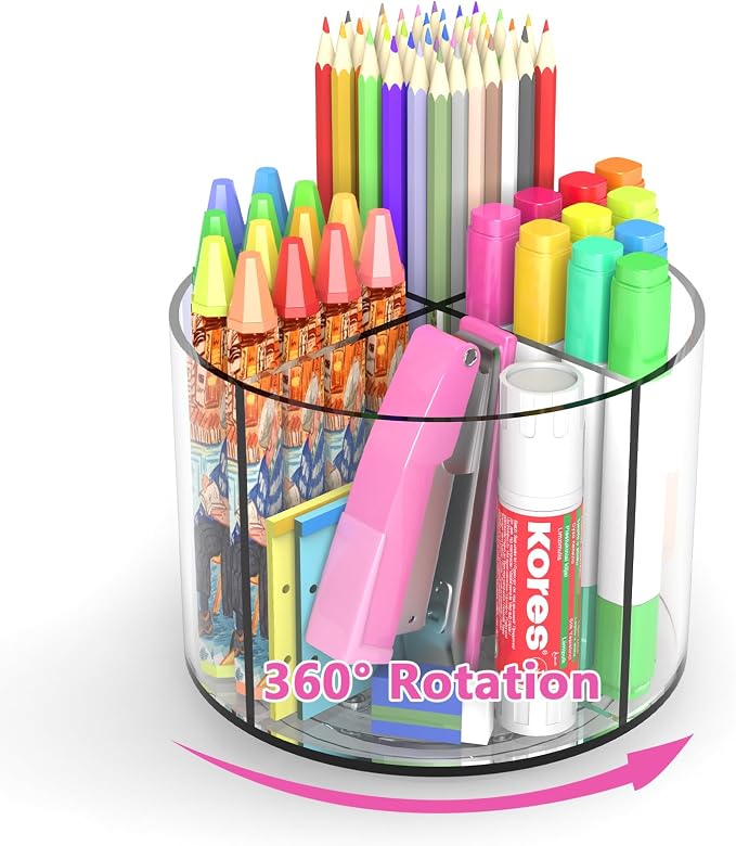 Wawocs Small Pencil Organizer for Desk Acrylic 4 Compartments, Tiny Rotating Art Supply Organizer Kids, Spinning Round Marker Small Clear Desktop Caddy Swivel Office Pen Pencil Holder