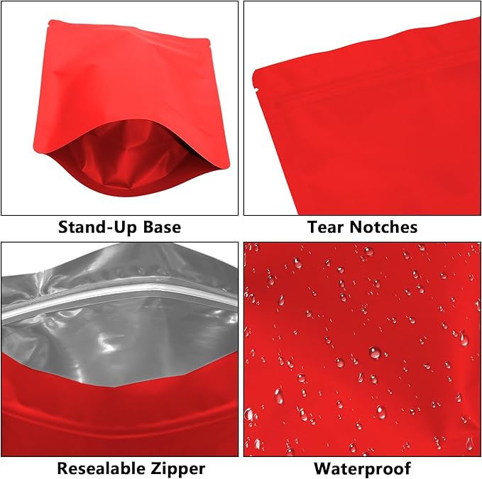 100PCS Smell Proof Resealable Pouch Bags,ULIFESTAR Aluminum Foil Flat Food Storage Bag,Sealable Pcsaging Zipper Pouches with Tear Notches for Pcsaging Lipgloss,Jewelry,etc(14 * 20cm/5.51 * 7.87",Red)