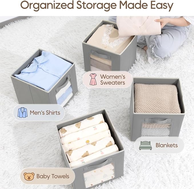Homsorout Foldable Storage Cubes - Cubby Storage Organizer with Window, 11 Inch Baskets for Organizing, Collapsible Fabric Storage Cubes for Shelves, Closet, 10 Pack, Grey
