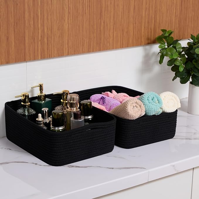 MiniArk Large Shallow Organizing Baskets 15x11x5.1 Inches - Rope Woven Storage Bins for Bathroom, Shelves, Cube Closet, Black 3 Packs