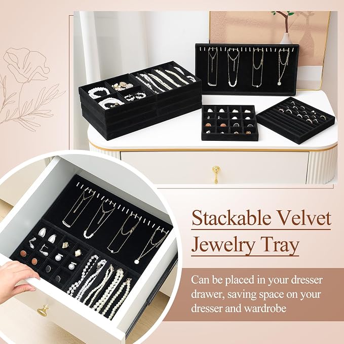 Cinnvoice Set of 10 Stackable Jewelry Organizer Trays for Drawer 14 Inch Velvet Jewelry Drawer Insert Display Storage with Removable Divider for Necklace Earring Ring Watch Bracelet (Black)
