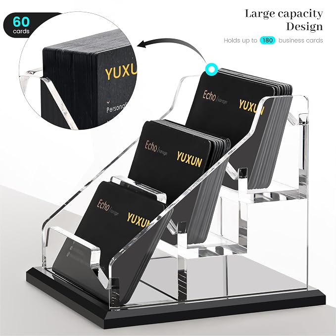 YUXUN Black Business Card Holder for Desk-3 Tier 3 Slot, Acrylic Business Card Holder for Women Men, 150+ Business Cards Display Stand, Multiple Business Card Display for Exhibition, Home, Office