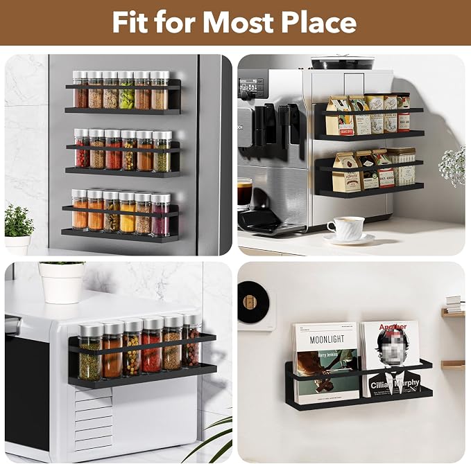VANPET Magnetic Spice Rack for Refrigerator, Magnetic Fridge Shelf for Kitchen Spice Organizer, Spice Rack Wall Mount, Fridge Organizers and Storage (2, Black)