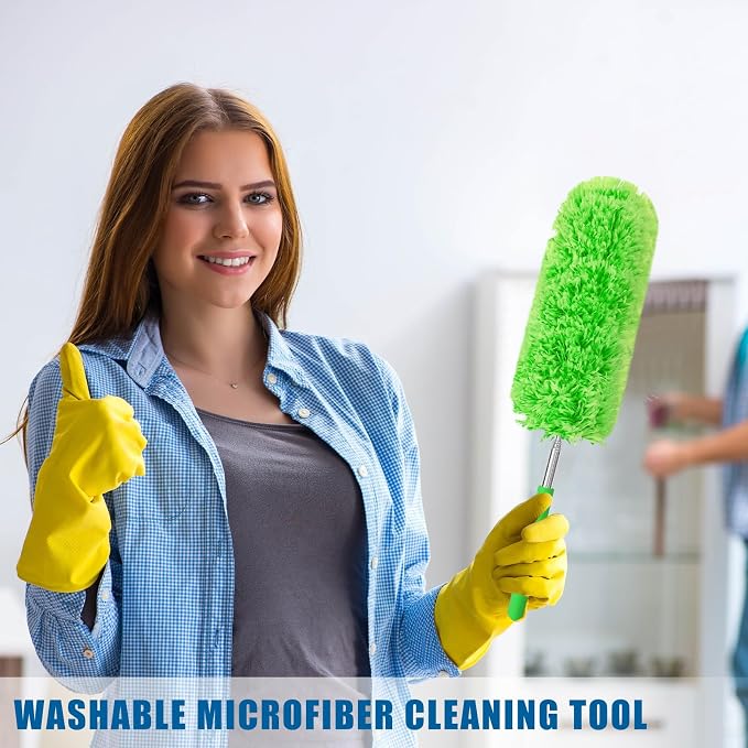 Tanlade 12 Pcs Microfiber Feather Duster for Cleaning, Extendable 13-31 Inch Ceiling Fan Duster with Bendable Head, Washable Tools for Ceiling Fans, Furniture, Car, Cobwebs (Green)
