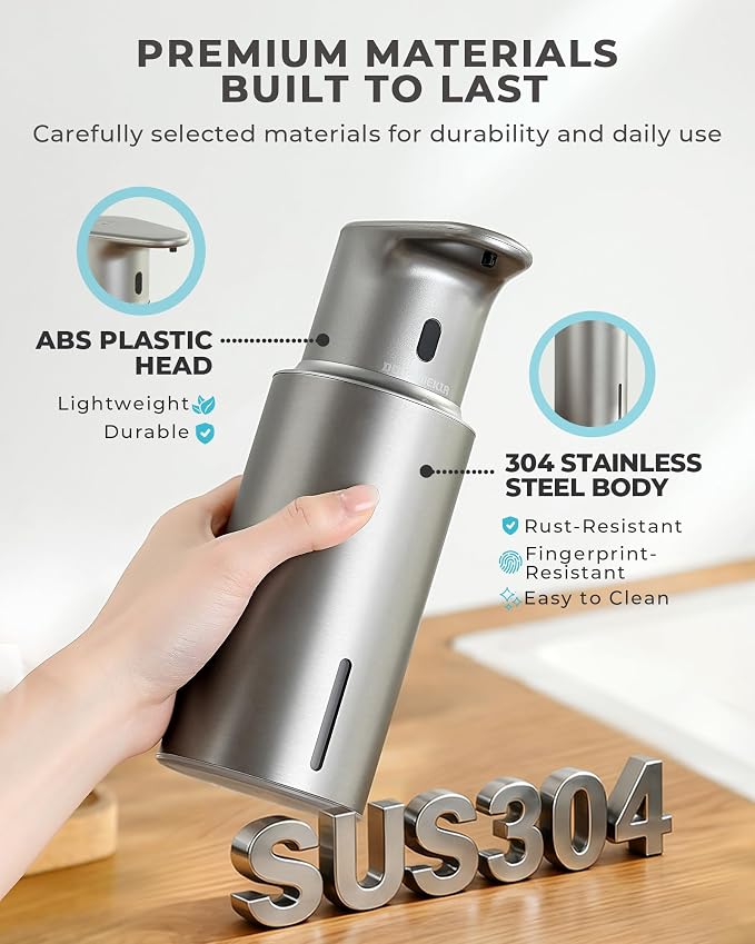Automatic Liquid Soap Dispenser Touchless, 304 Stainless Steel Bottle Body | 16.2oz/480ml Rechargeable Dish Soap Dispenser, 3 Adjustable Liquid Levels, IPX7 Waterproof, for Kitchen Bathroom