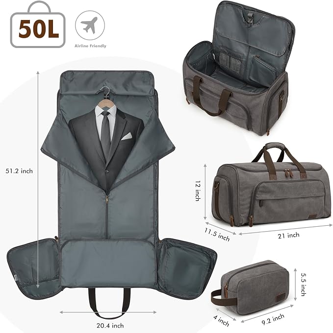 S-ZONE Carry On Garment Bag for Travel Convertible Garment Duffle Bag Suit Bags for Men Women Travel 2 in 1 Hanging Suitcase Business Travel Bag with Toiletry Bag, Gery, 50l | 2-in-1 Hanging Suitcase, with Toiletry Bag, Wet/Dry Pockets, Shoe Compartmen...
