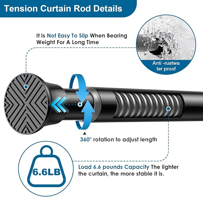 1Pack Tension Rods 31-76 Inch, Spring Loaded Curtain Rods Non-slip, Expandable Curtain Rod Tension No Drilling, Curtain Tension Rod For Window, Doorway, Kitchen, Tension Curtain Rod Black