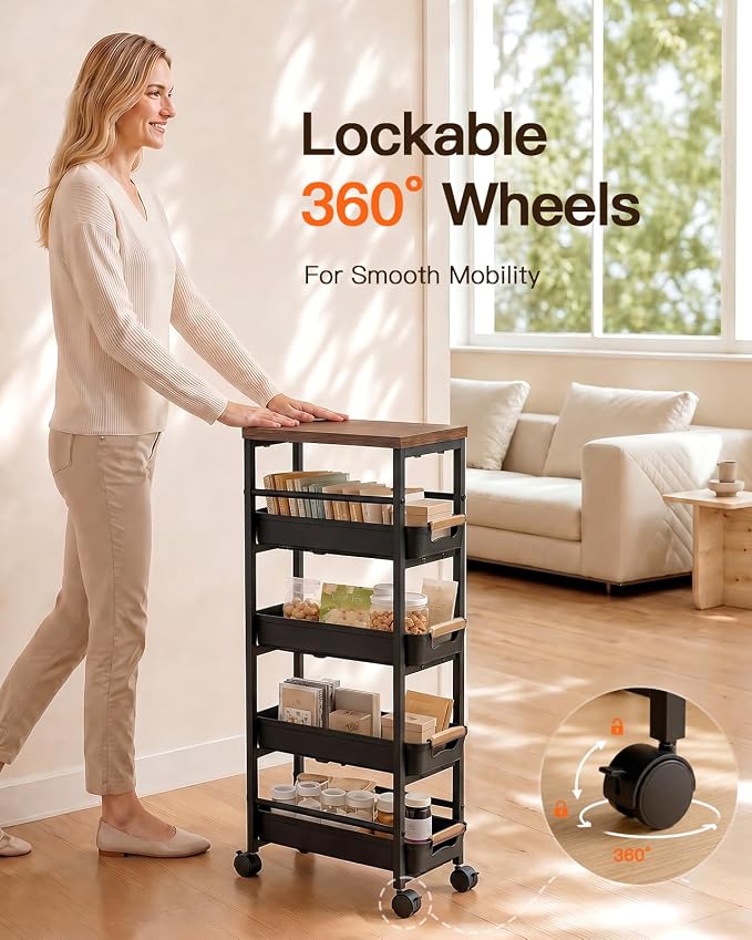 Pipishell Slim Rolling Storage Cart with Drawers & Lockable Wheels, 5 Tier Kitchen Cart with Safety Stops & Vented Design, Wood Top, Pull-Out Utility Cart for Kitchen, Bathroom, Laundry Room, Black