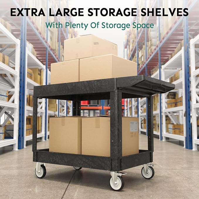 Plastic Utility Cart on Wheels, Large Flat Top Rolling Service Cart-Black | 46 x 25 Inch 2 Shelf Work Carts, 500 lbs Capacity Heavy Duty Tool Cart W/Tub Storage, for Warehouse, Garage, Cleaning