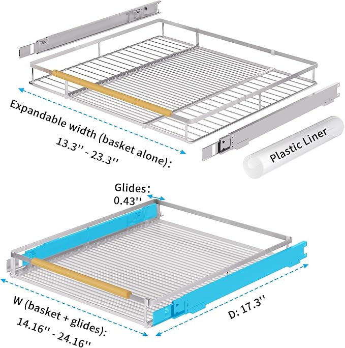 Expandable Pull Out Drawer Cabinet Organizer, Adjustable Width Bottom-Mounted Slide Out Storage Shelves for Cabinets, Required Cabinet Size (14.16"~24.36", D≥17.3"), 1 Pack, Stainless Steel