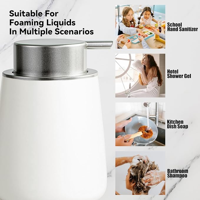Foaming Soap Dispenser - 12 Oz White Ceramic Foam Hand Soap Dispenser for Bathroom, Face Wash Dispenser Bottle with Silvery Foaming Pump, Matte Lotion Dish Dispenser Refillable for Kitchen