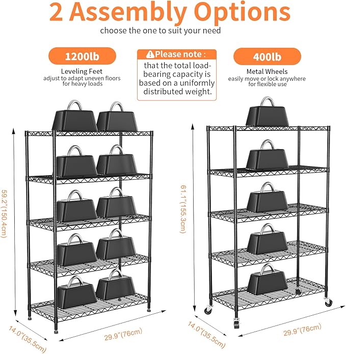 5-Tier Heavy Duty Shelving Unit,30" Wx14 Dx62 H,Metal Shelving with Lockable Wheels,Wire Shelf Rack,Height Adjustable Metal Storage Shelves Organizer for Kitchen,Garage,Office,Laundry,Pantry