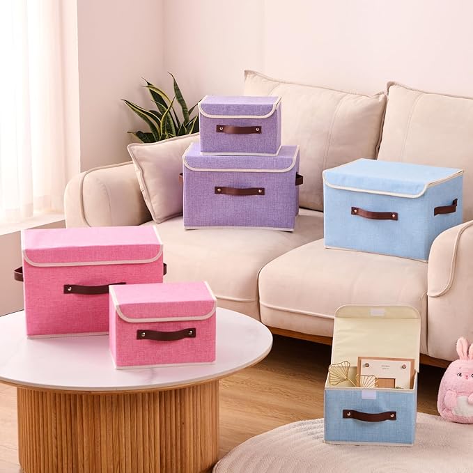 2PCS Storage Boxes with Lid Cotton Linen Fabric Storage Bins Organizer Container Decorative Collapsible Washable Shelf Closet Baskets Faux Leather Handles Home Bedroom (Pink, Large)