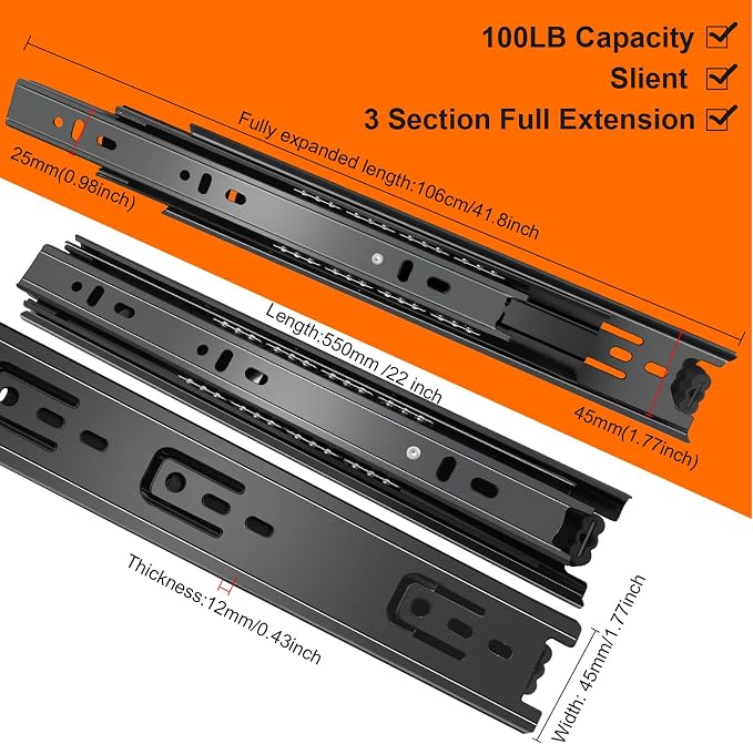 22 inch Drawer Slides 4 Pairs (8pcs) 3 fold Full Extension Side Mount Cabinet Drawer Glides 22" Black Cabinet Rails for Dresser, Cabinet, Kitchen,Trash Can, Wardrobe 100 LB Capacity