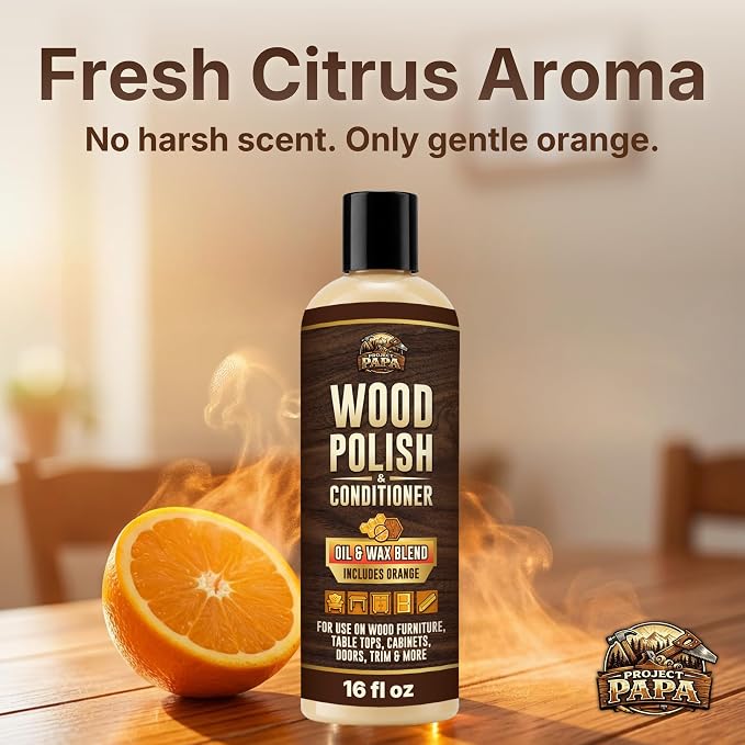 Natural Wood Polish & Conditioner with Orange Oil 16 fl oz - Beeswax Furniture Polish and Cleaner, Oil & Wax Blend for Furniture, Cabinets, Tables, Doors & Trim, Enhances Color & Grain, Wood Care