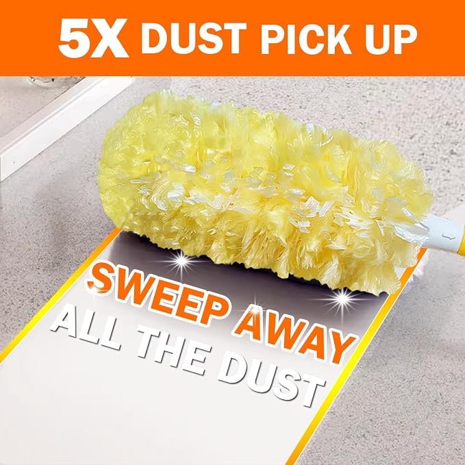 60 Heavy Duty Duster Refills for Swiffer Duster, Large, Yellow | 2 Side Extra Thick, 3 ft Handle & 1 Short Handle, Multisurface 360 Dusters kit for Dusting Furniture, Fans, Blinds, Corners