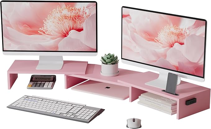 BONTEC Dual Monitor Stand Riser with Smartphone Holder, Adjustable Length & Swivel Angle, Ergonomic Wooden Desktop Organizer for PC Monitor, Laptop, Printer, Large Storage, 42.5 in, Pink
