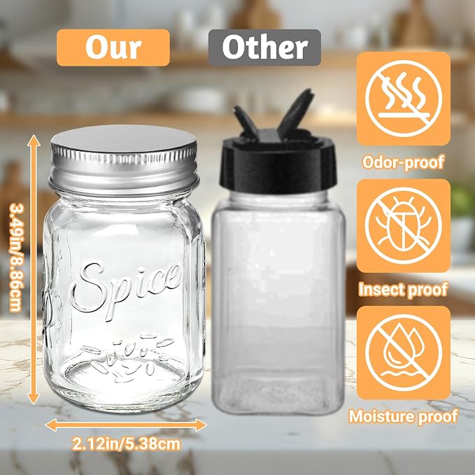 30 Pack 4oz Round Glass Spice Jars with Extra Shaker Lids & Metal Funnel | Airtight Mason Jars for Kitchen Seasoning & Herb Storage, Includes 105 Labels, Metal Funnel, Stirring Stick, Shaker Lids