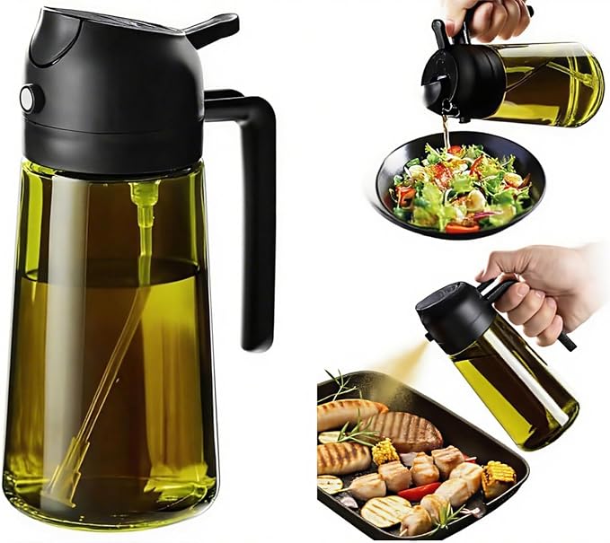 16oz/470ml Glass Olive Oil Sprayer for Cooking, 2 in 1 Oil Dispenser for Kitchen Spray and Pour, Premium Light-Blocking Oil Bottle, Food-Grade Spray Bottle, for Salad, Air Fryer, BBQ