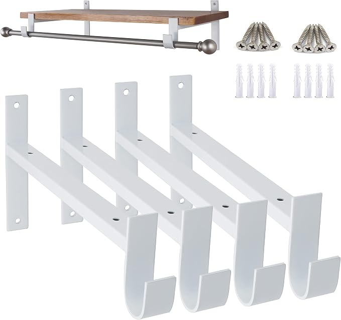 AddGrace Closet Rod Bracket Heavy Duty Shelf Brackets White 8 Inch 4 Pack | Fit for Closet Wardrobe Laundry Room and Kitchen, with Hook, Store Above and Hang Below, Supports 66 lbs, Easy to Install
