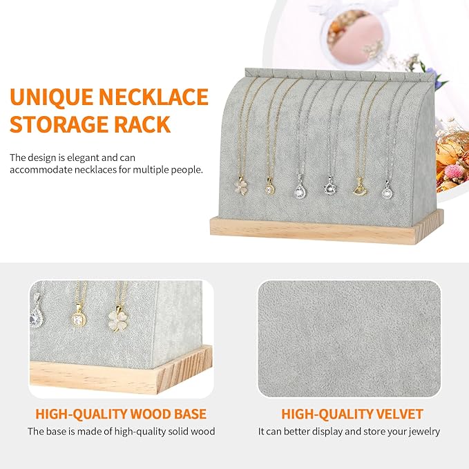 KUKUVR Velvet Cambered Necklace Display Stand for Women, Wood Base Jewelry Holder Rack for Necklace Pendant Bracelet Chains, Necklaces Storage Organizer Showcase for Selling Vendors exhibition (Grey)