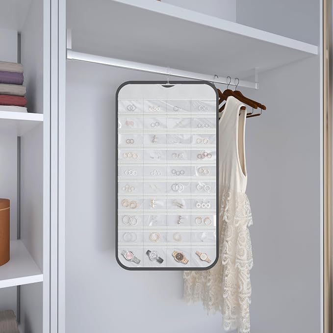 Hanging Jewelry Organizer for Necklaces Earrings, 1-Pack, Black and White | Foldable Double-Sided 36 hooks & 40 clear pockets; swivel hook fits walls, doors & rods for earrings, bracelets, rings