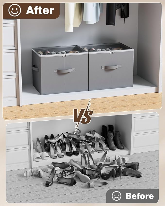 HOUSE AGAIN 2 Pack Shoe Organizer for Closet, Shoe Storage Organizer with Wheels, Foldable Shoe Storage Box with Adjustable Dividers and Clear Cover, Reinforced Handles, Fits up to 16-32 Pairs, Gray