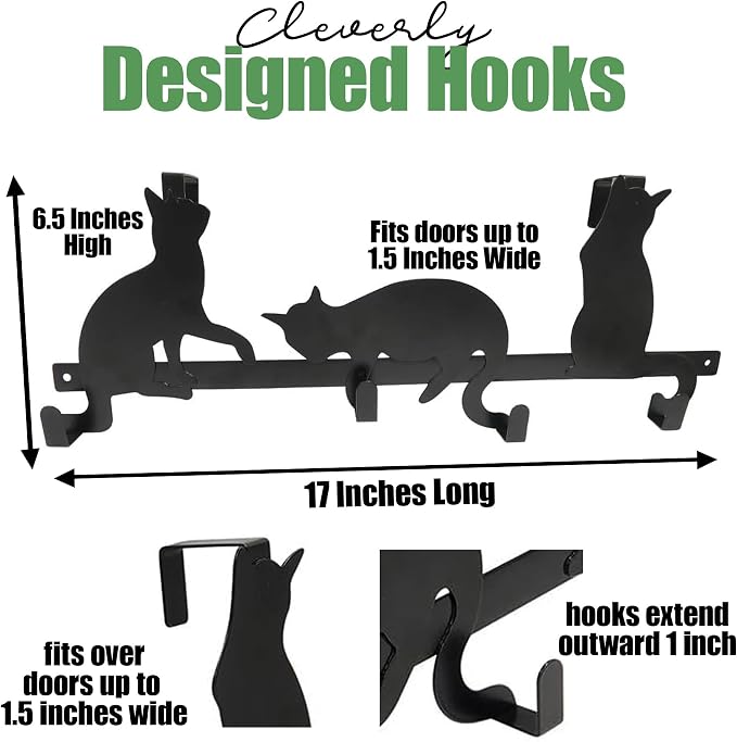 Evelots Over The Door 4 Hook Towel/Coat Rack Hanger Organizer, Kitty Cat Design-Easy No Tool Installation-Black Iron-Holds 20 lbs.