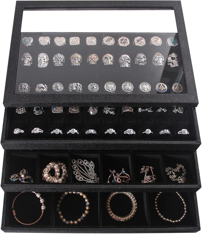 Julysky 4 Pcs/set Stackable Jewelry Organizer Trays with Glass Lid,100 Slots Ring Holder,Bracelet Displays Stand for Selling Necklace Earring Rack