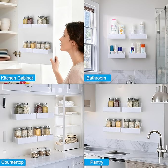 12 inch Spice Rack Wall Mounted,4 Pack Spice Organizer Shelf for Stove Cabinet Pantry Door, Adhesive or Screw Hanging Wall Spice Shelf Storage Holder in Kitchen and RV - White Color