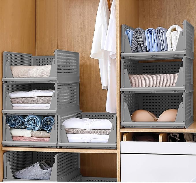 UGL Stackable Wardrobe Storage Box Organizers, Plastic Detachable Baskets Closet Containers, for Kitchen Cabinet, Pantry, Closet, Bedroom, Bathroom Organization, (Grey, 4 Set)