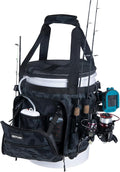 Goture Fishing Bucket Organizer for 5 Gallon Bucket, Heavy-Duty Waterproof Tackle Bag with 15+ Pockets, Ice Auger Holster & Secure Lock Straps for Ice Fishing Gear (Black, No Bucket)