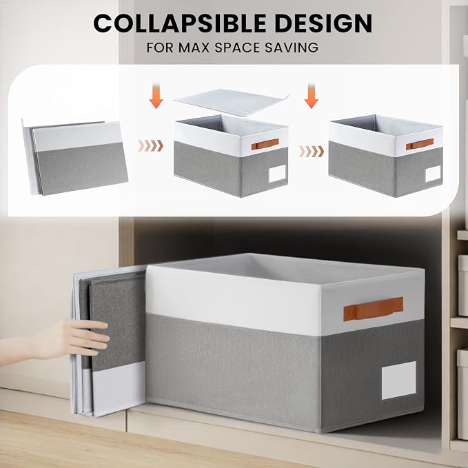 Criusia Large Closet Storage Baskets for organizing 4 Pack, Non-Dust-Absorbing Closet Shelf Organizer Bins with Handles & Labels - Decorative Collapsible Baskets for Living Room Bedroom Nursery Dorm