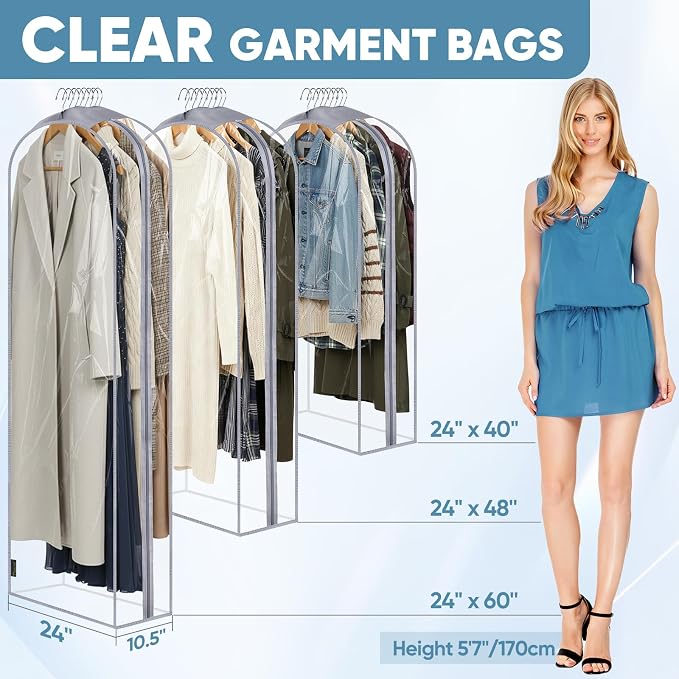 BALEINE 60'' Clear Garment Bags, 10.5'' Wide PEVA Suit Bag for Closet Clothes Dresses Suit Coats Storage (Clear, 1PK)