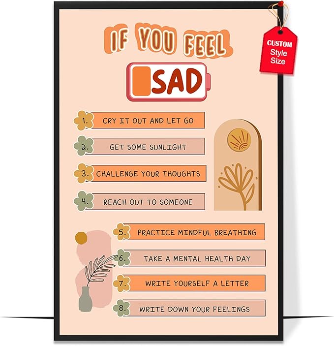 LOLUIS Mental Health Poster, Boho Therapy Tools Educational Supplies Art Print Classroom School Office Decor (If You Feel Sad, Custom Frame Type)