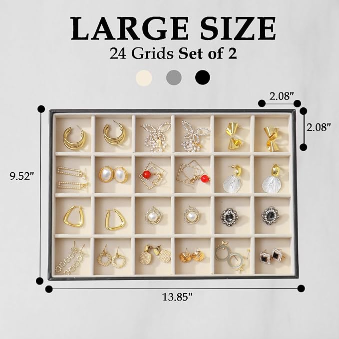 Large Jewelry Organizer Tray 2 Pack, Stackable Jewelry Storage Holder for Drawer Inserts, PU Leather Velvet Jewellery Display Case for Earring Bracelet Necklace Ring (Black Beige, 24 Grids)