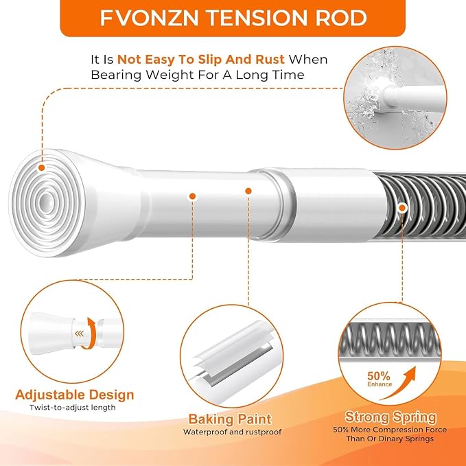 Spring Tension Curtain Rod 45 to 76 Inch 7/8" Diameter No Drilling Adjustable White Curtain Rods for Window Doorway Closet Door Kitchen Bathroom