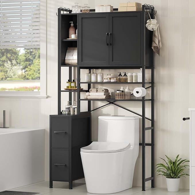 7-Tier Over the Toilet Storage Cabinet with 2 Large Drawers & 6 Hooks, Over the Toilet Storage with Toilet Paper Holder, Bathroom Over Toilet Storage for Bathroom, Laundry Room, Black