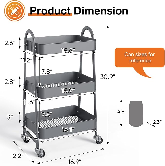 NEWBULIG 3-Tier Metal Rolling Cart with Lockable Wheels, Heavy Duty Mobile Utility Storage Shelf, Roller Book Snack Cart, Organization for Livingroom, Bathroom, Office, Grey