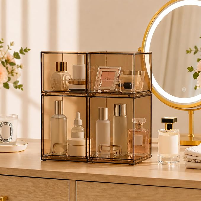 Baby Bottle Organizer, 4 Pack Tea Brown Acrylic Stackable Storage Drawers, Baby Bottle Storage Organizer for Countertop, Nursery, Vanity & Cabinet