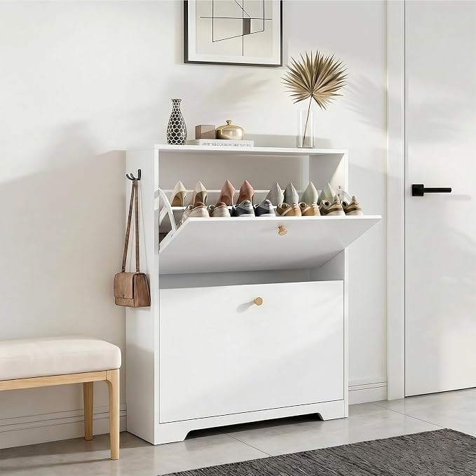 Nicetree Shoe Cabinet with 2 Flip Drawers, Narrow Shoe Organizer Cabinet, Freestanding Shoe Rack Cabinet, Modern Shoe Storage Cabinet for Entryway, Hallway, Foyer, White with Hook