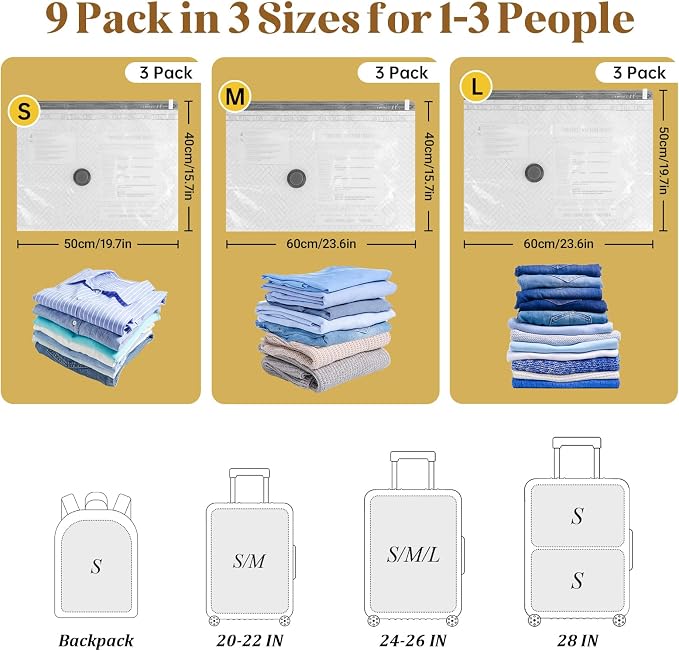 Vacuum Bags for Travel with Cordless Pump, Reusable Vacuum Seal Bags for Clothing Travel, 4500Pa Suction, Space Saver Bags for Home Carry-on Luggage Suitcase, Travel Essentials, 9 Pack