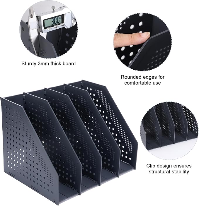 FRETONBA Collapsible Magazine File Holder, 4 Vertical Compartments | Foldable Space-Saving, Sturdy Plastic Binder Holder, Compact for Desk or Shelf, for Office & Home, Easy Access, Dark Gray