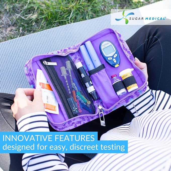 Sugar Medical Diabetes Supply Case | Medical Supplies Travel Bag | Glucose Meter Organizer | Diabetic Care Products | Glucometer Kit (Purple Leopard)