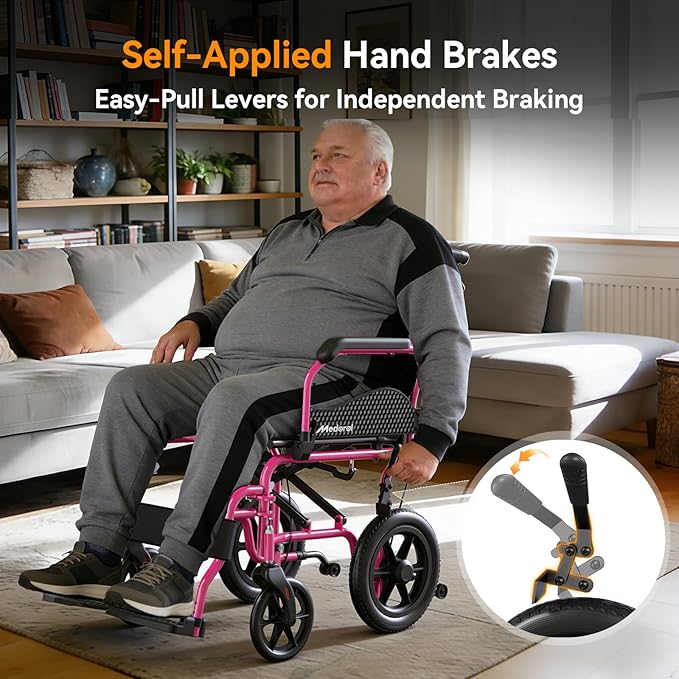 Lightweight Transport Wheelchair for Adults, Versatile Transport Wheel Chair, Supports 300 lbs, Self-Braking, Foldable & Portable, for Seniors, Elderly and Disabled