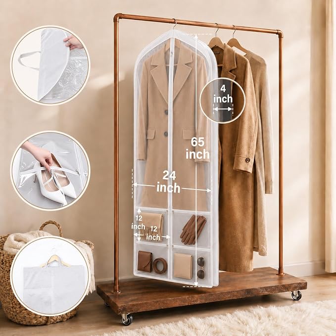 Tranqun 2 Pack 65" Long Wedding Garment Bags for Gowns 4" Gusseted Clear Dress Travel Bag for Hanging Clothes Foldable Wedding Dress Cover with 4 Zipper Pockets for Closet Storage and Travel (White)