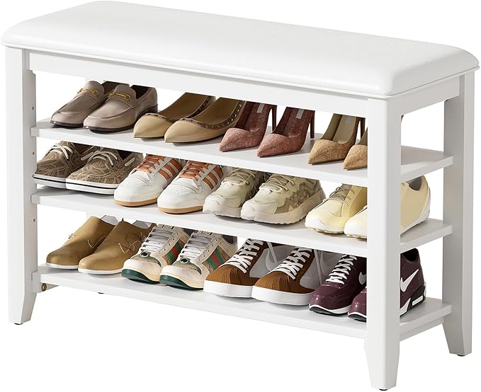 Taitiy Entryway Shoe Storage Bench, Shoe Organizer Bench for Entryway, Ideal for Hallways Front Doors Entrances Mudrooms Featuring Rubberwood and 3 Height-Adjustable & Removable Shelve