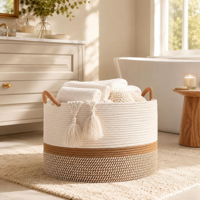 KAKAMAY Large Blanket Basket with Handles, Storage Basket for Living Room | Extra Large Capacity | Natural Cotton Rope | Blanket Storage | Woven Basket | Stuffed Animal Storage | Laundry Basket