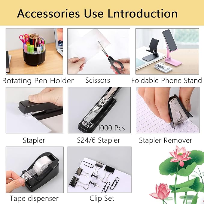 Office Supplies,Desk Accessories,with Stapler, Tape Dispenser,Desk Organizer,Folding Phone Holder,Pen,Journal Notebook,Scissor,Staple Remover,Staples,Clear Tape,Sticky Notes,Paper Clips,Bookmark,Ect
