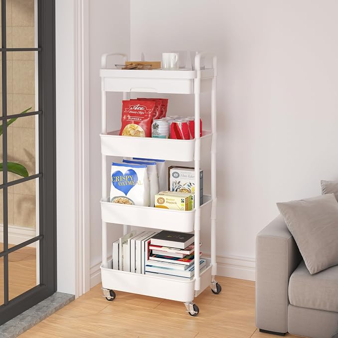 Calmootey 4-Tier Rolling Utility Cart with Drawer,Multifunctional Storage Organizer with Plastic Shelf & Metal Wheel,Storage Cart for Kitchen,Bathroom,Living Room,Office,White | Space-Saving Organizer, Sturdy Plastic Shelves, Smooth-Rolling Metal Wheel...